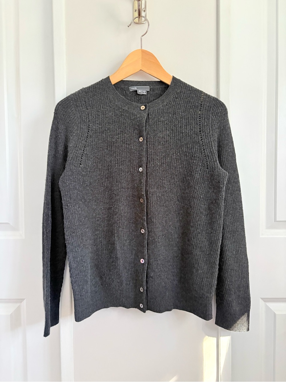 Vince Wool Cashmere Pointelle Cardigan Shell Buttons Grey XS
